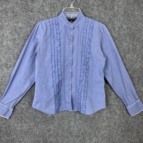 Adolfo Chambray Blue Button-up Shirt Women Size M Ruffles Crystal Buttons - Picture 1 of 14